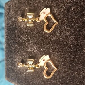 Gold Bow & Heart w/ Nurse Hat Rhinestone Posts Earrings